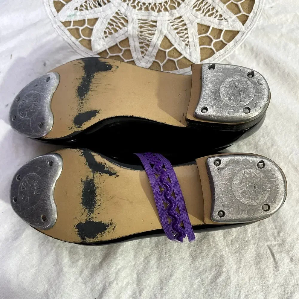 Coasters Girls Black Tap Shoes Size 12.5 Tip Top Tap Dance Pink Purple Ribbons